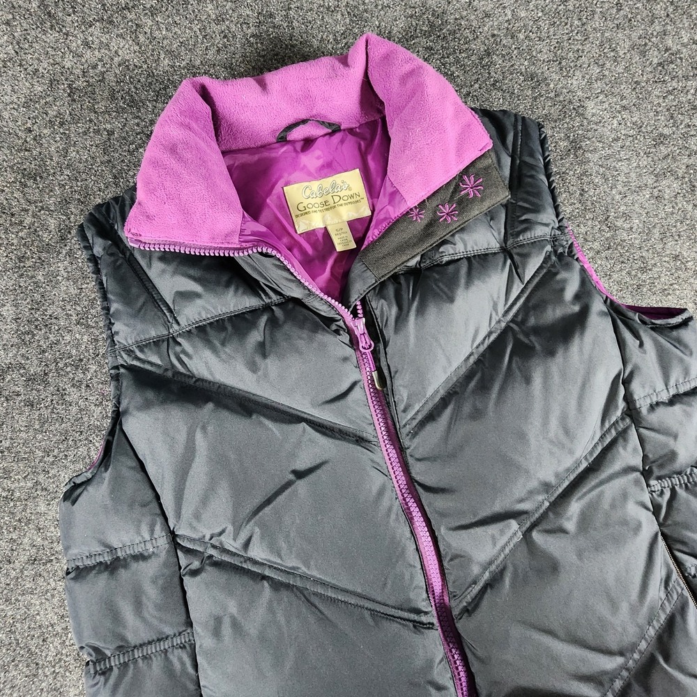 Cabelas Goose Down 650 Puffer Vest Women's Black And Purple Size S Petite